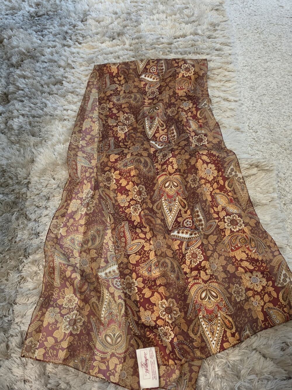 Worthington Vintage Scarf Burgundy Gold Paisley Floral Print Made in Italy Long
